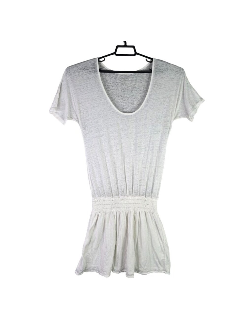 Womens Athleta White Short Sleeve Smocked Waist Dress Short Sleeve Plung Neck M